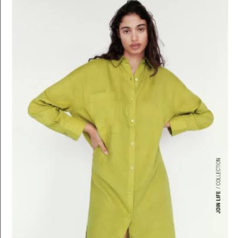 Zara oversized shirt linen dress in lime green colour - Picture 7 of 11